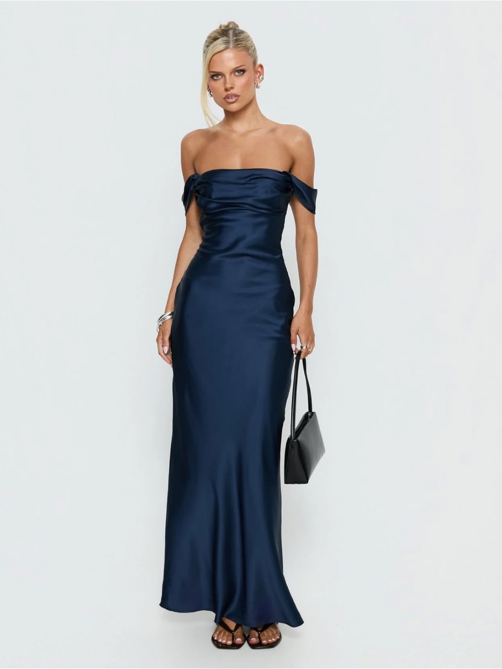 Princess Polly Satin Blush Pink Off-Shoulder Maxi Dress